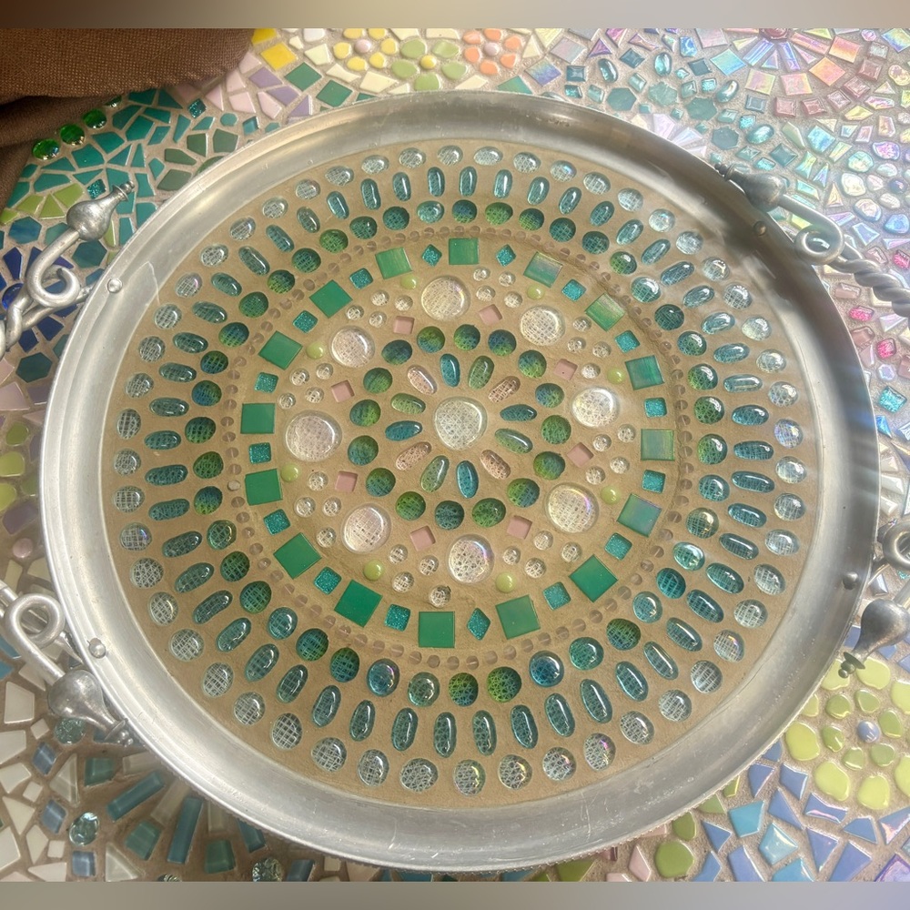 One of a Kind Coastal Blues 18” 
Iridescent Mosaic Resin Top Ottoman Tray